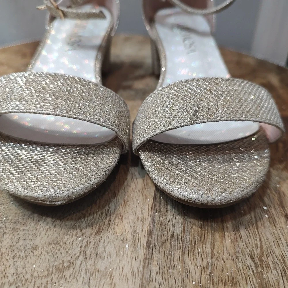 Laurmosa Strappy Gold‎ Rhinestones Kitten Heels Ankle Strap Casual Sz 13 Girls